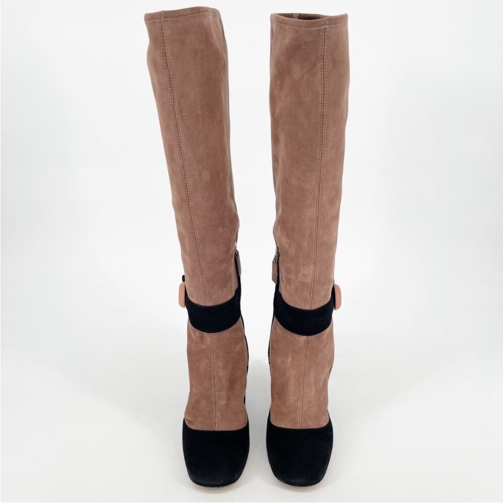 Prada Runway Knee High Suede Blush Pink Black High Heels Sock Boot Trompe L'oeil - Picture 3 of 14